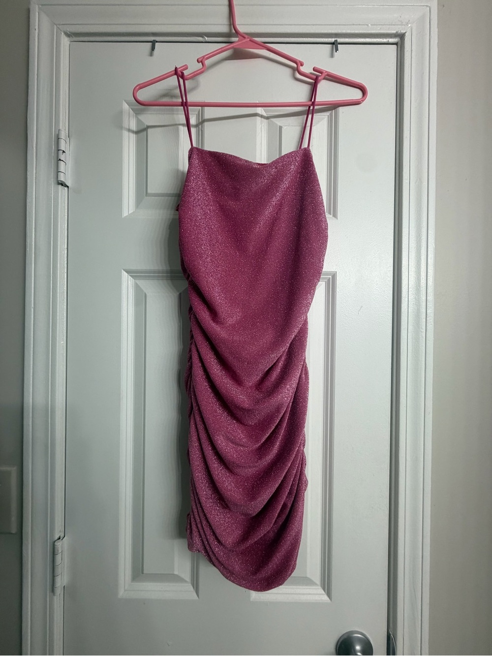 SHEIN Sparkle Ruched Spaghetti-Strap Pink Mini Dress